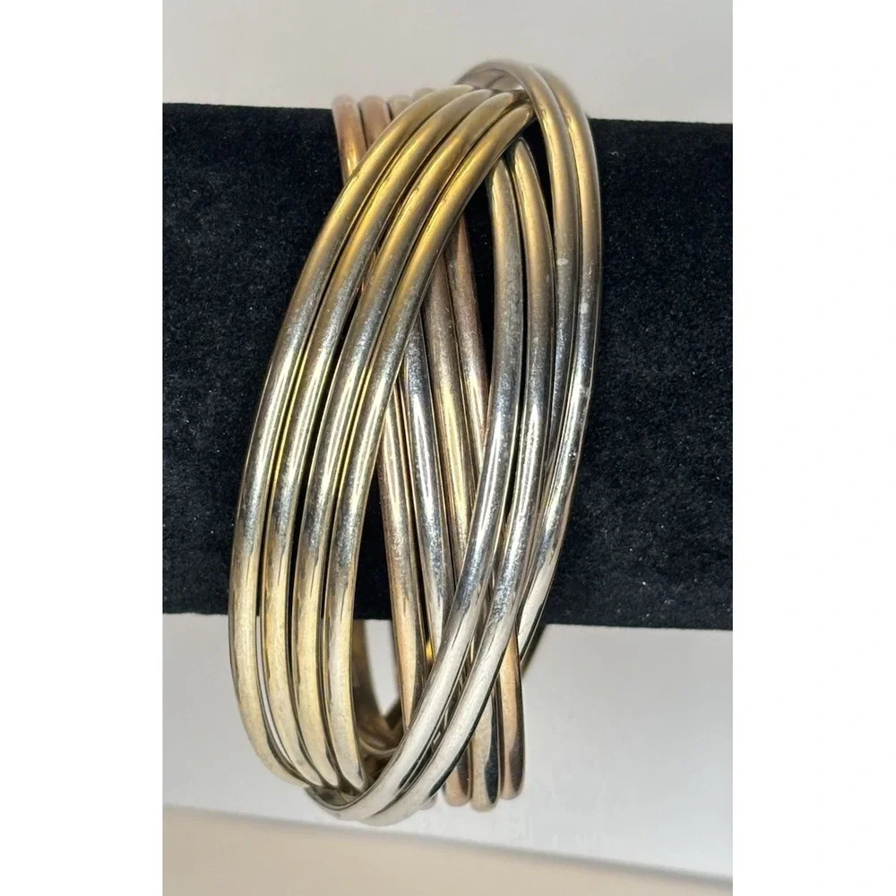 Vintage 12 Interlocking Bangles Bracelet Gold Silver Copper Tones